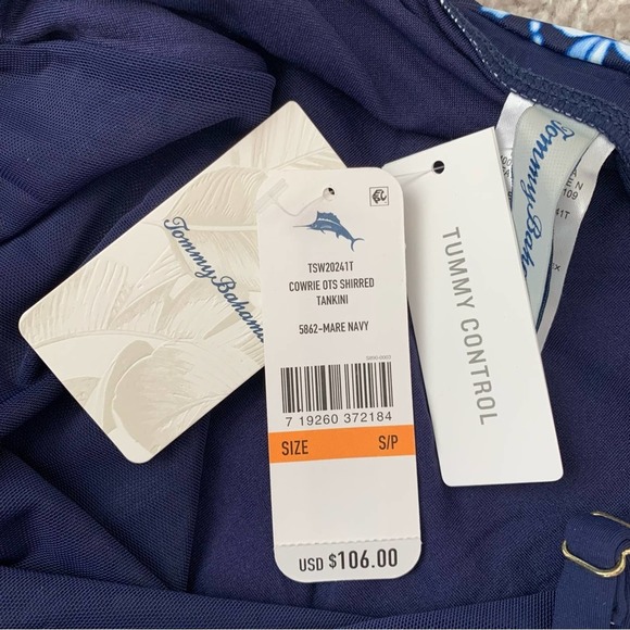 Tommy Bahama Indigo Cowrie Diamonds Over The Shoulder Shirred Tankini Top - Picture 5 of 9